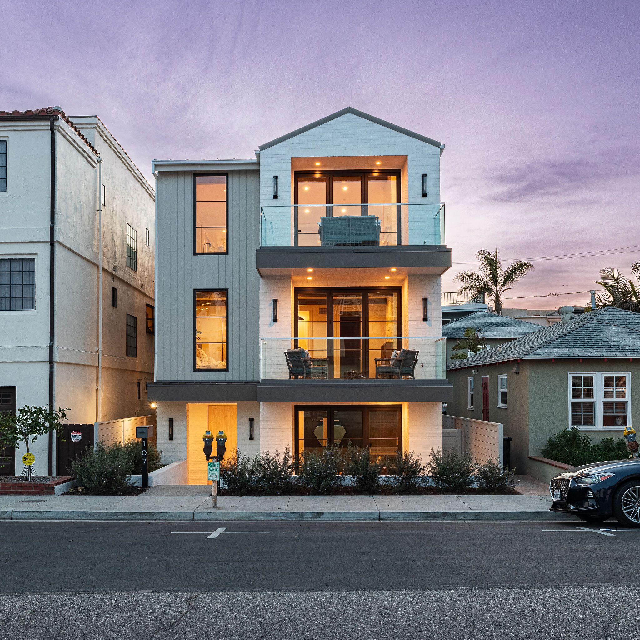 Custom new construction home by Levine Homes in Hermosa Beach at dusk