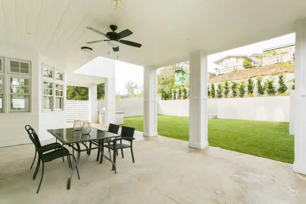 Covered patio and yard at a Manhattan Beach custom home