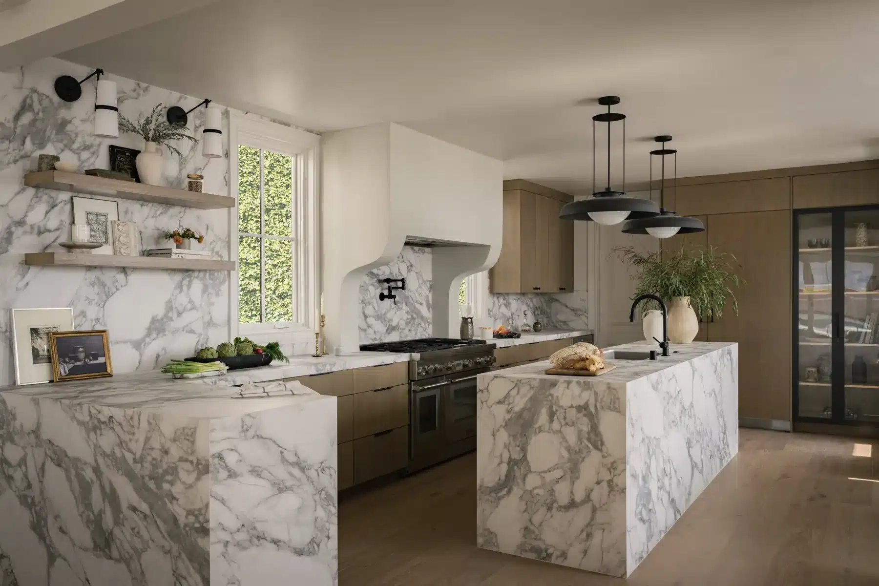 Remodeled kitchen with marble island in a Manhattan Beach home