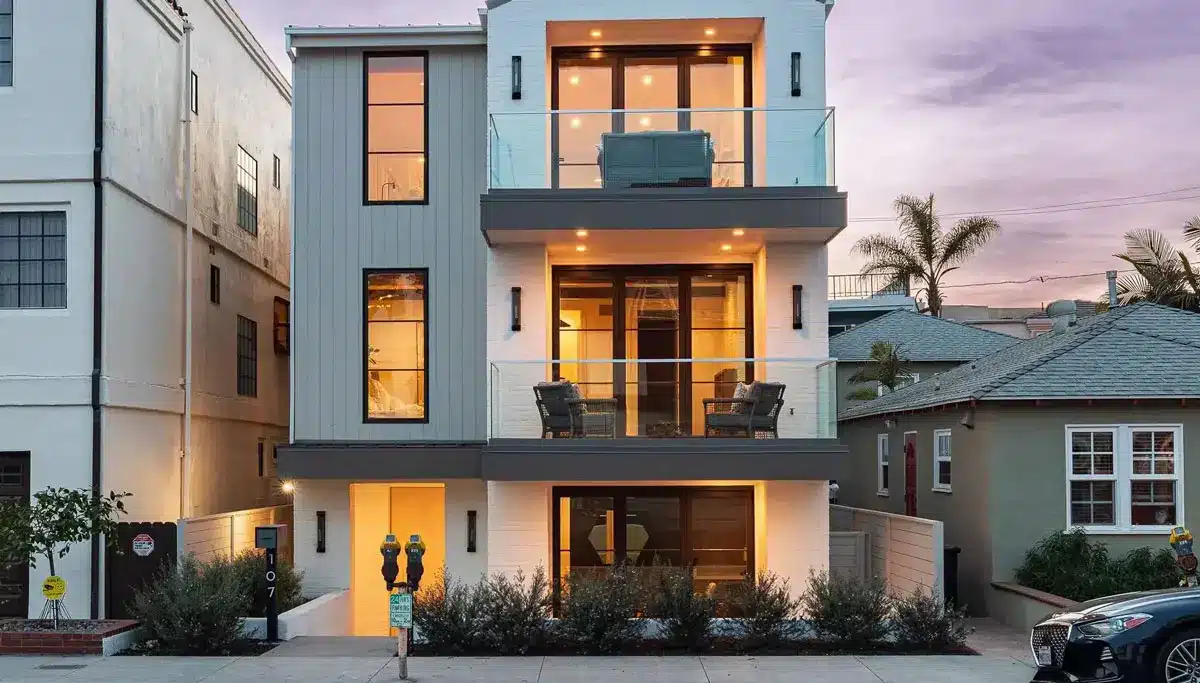 Custom new construction home by Levine Homes in Hermosa Beach at dusk